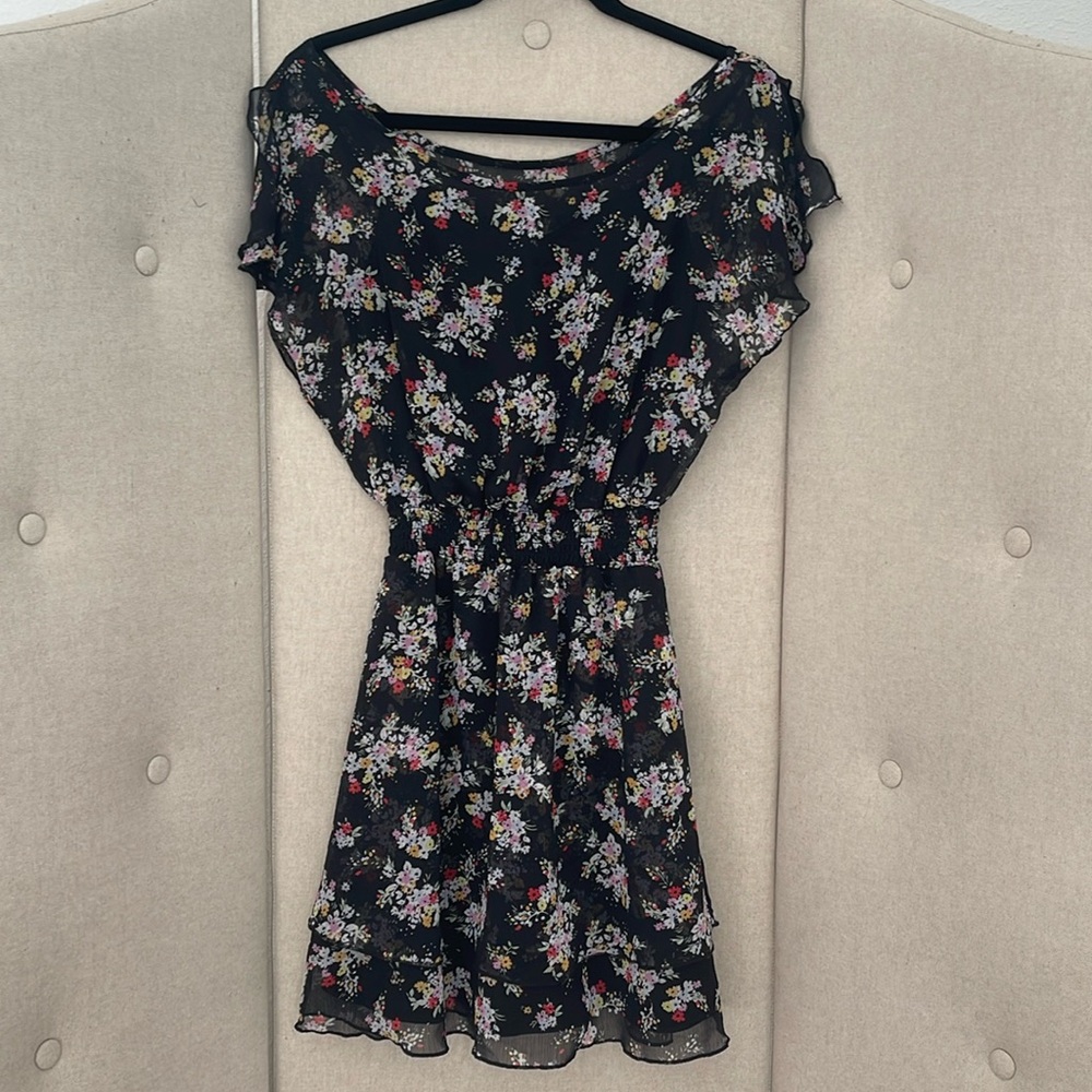 Express Black Floral Boat Neck Elastic Waist Layered Skirt Sundress XS